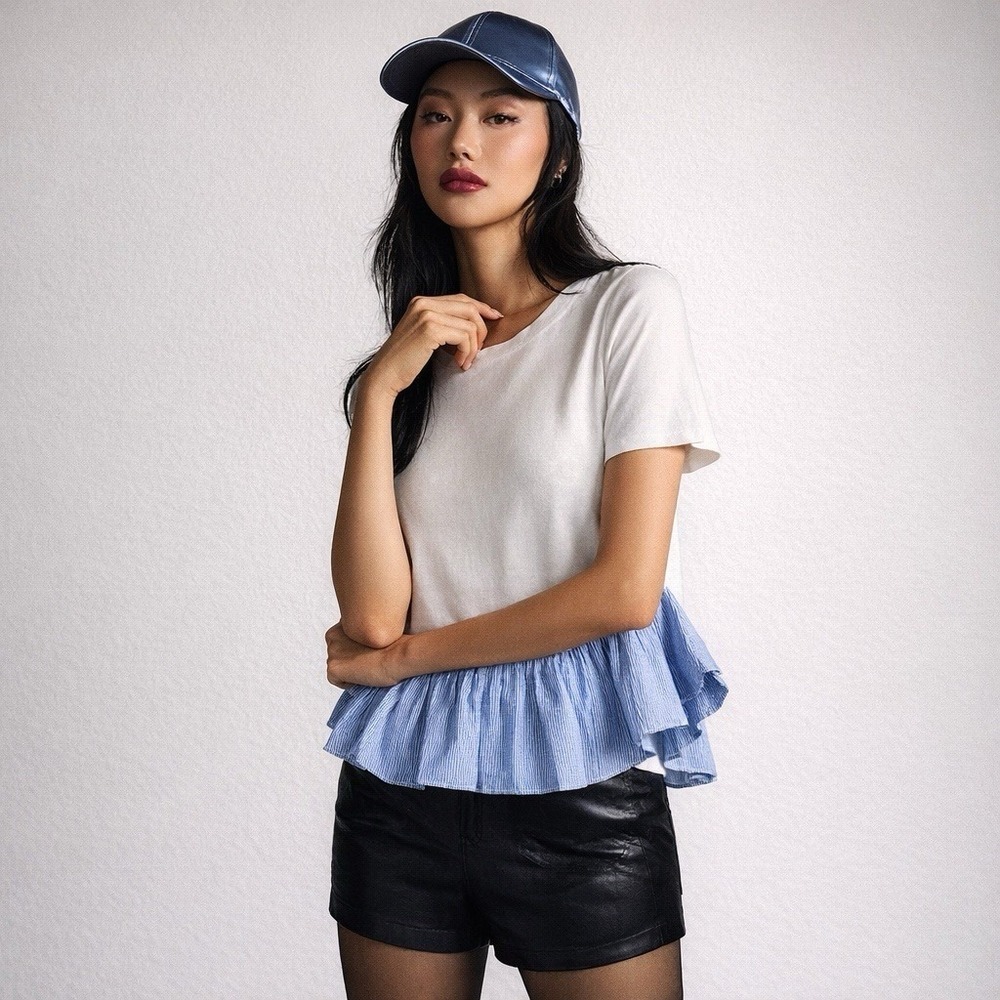 MAEVE Anthropologie White Striped Ruffle-Hem T-Shirt Sz M Coastal Elevated Basic